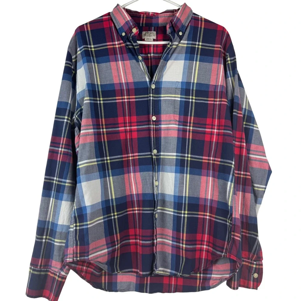Vtg J. Crew Summer Plaid Button Down Shirt Men Red Blue Large Long Sleeve Pocket